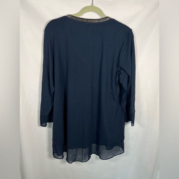 Soft Surroundings Womens XL Beaded V Neck 3/4 Mesh Sleeves Hem Dressy Navy Blue - Picture 8 of 8